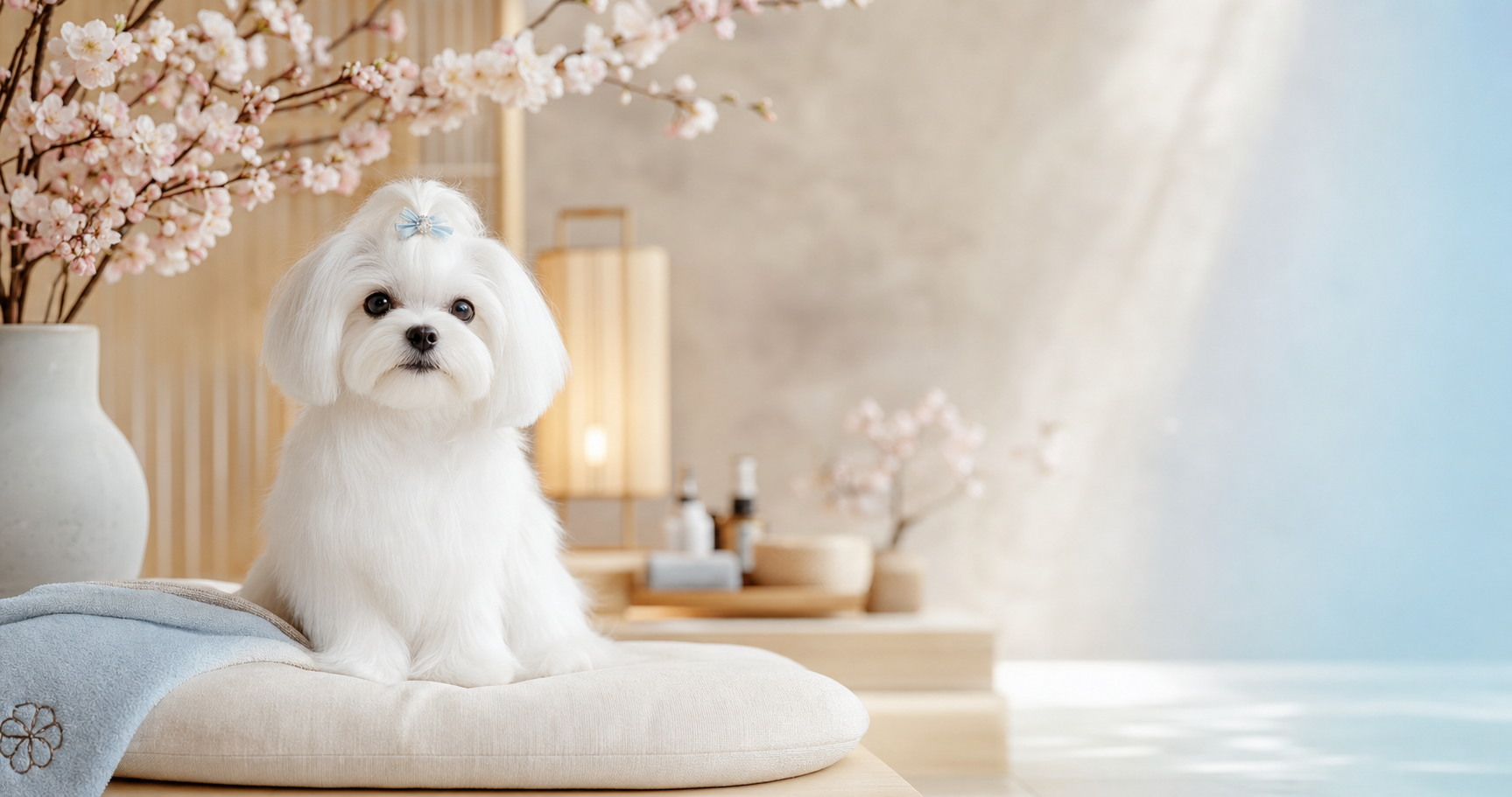 A freshly groomed white Maltese resting calmly on a cushion in a serene grooming studio