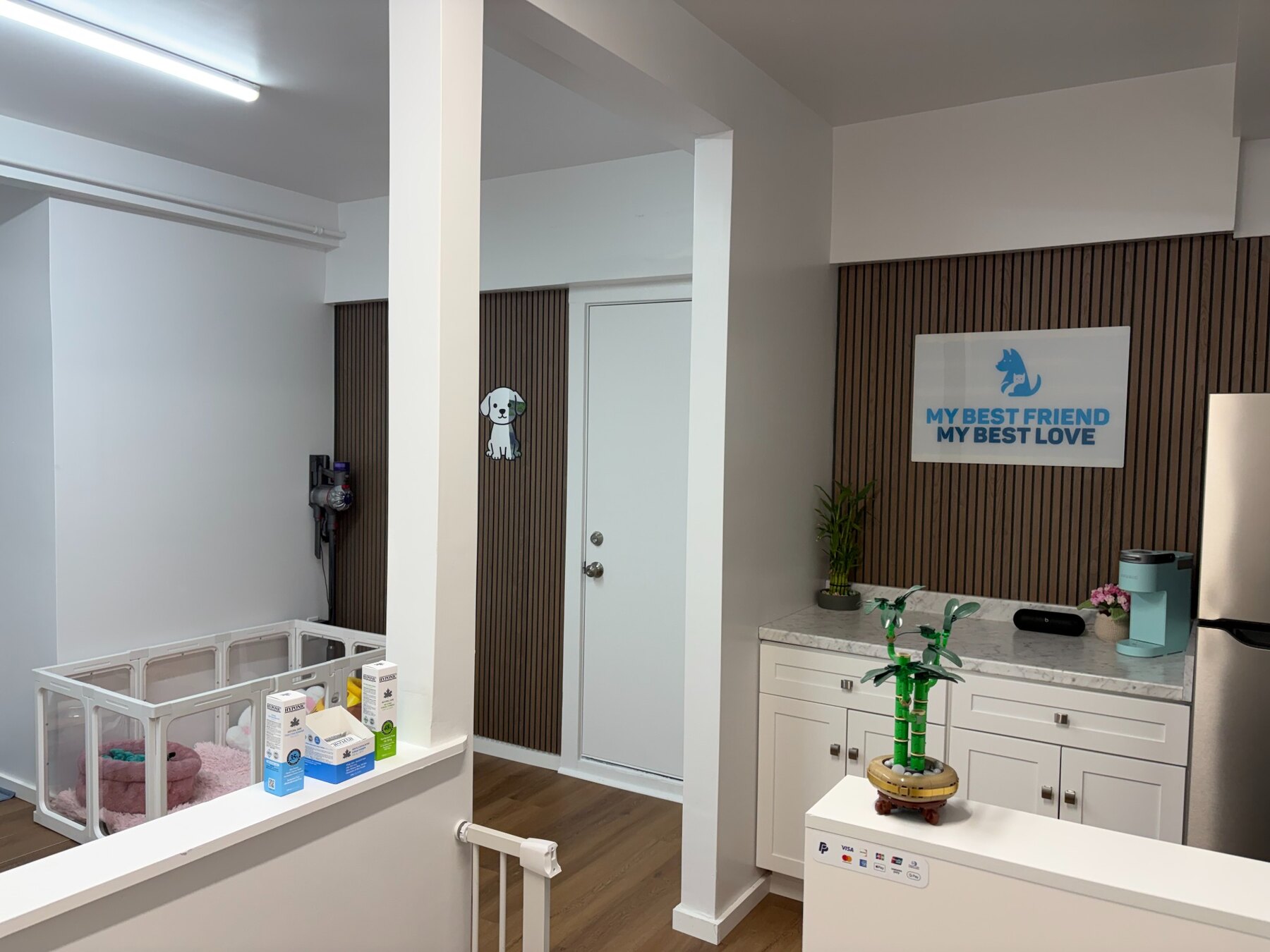 Bright, clean interior of My Best Friend Dog Spa with the original salon logo